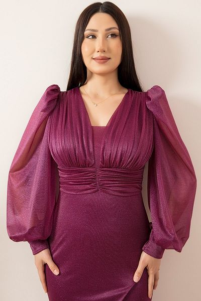 PULLIMM Long Sleeve Collar Belt Part Gathered Glitter Tulle Dress 13416