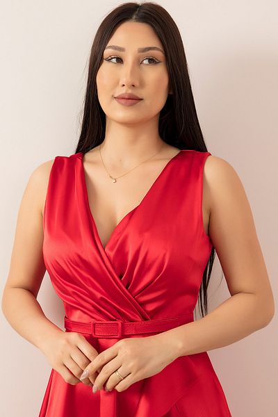 PULLIMM Double Breasted Ruffle Satin Evening Dress 1150