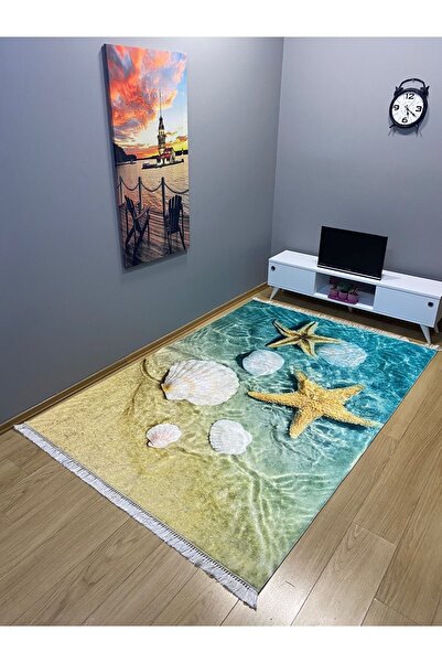 Modern home Deniz Yıldızı Detaylı Dijital Baskı Salon Halısı Yıkanabilir Kaym...