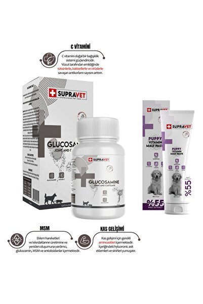 Supravet Köpekler Için Eklem Ve Kas Sağlığı Güçlendirici Glukozamin Tablet + Yavru Malt Macun 30 Gr