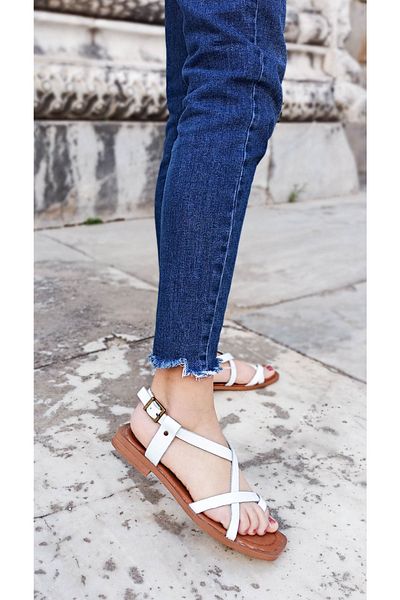 GDT Ayakkabı Genuine Leather White Color Strappy Women's Sandals