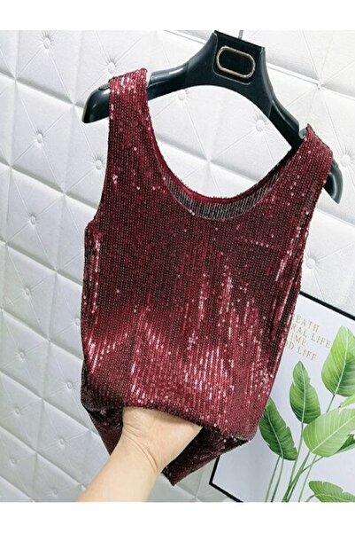 Mefa basic Bordo Parlak Payetli Bluz
