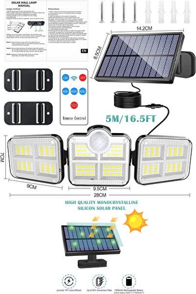 Technojet Güneş Enerjili Kumandalı Hareket Sensörlü Solar Bahçe Aydınlatma Ve Sokak Lambası 122 Led