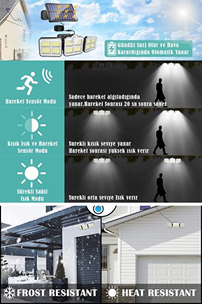 Technojet Güneş Enerjili Kumandalı Hareket Sensörlü Solar Bahçe Aydınlatma Ve Sokak Lambası 122 Led