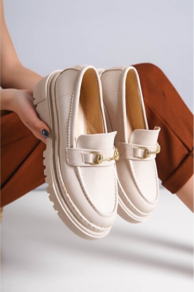 DURUNUN BUTİĞİ Лофер бежевий з золотистою пряжкою Шкіряний Лофер Жіноче взуття для щоденного використання