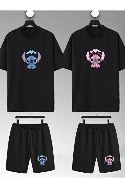 macklin Unisex Kadın Erkek Stitch Angel Baskılı Sevgili Çift Kombini Tasarım Oversize Tshirt Ve Şort
