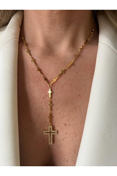 Rossetto Atelier Altın Kaplama Zirkon Taşlı Haç Zincir Kolye