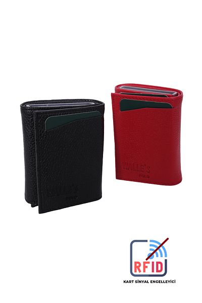 Walle's Polo Nemesis Men's-Women's 2-Piece Black-Red Set Leather Wallet with Mechanism Paper Money Compartment-Card Holder