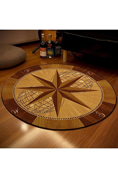 NesaDecor Ahşap Pusula Oyma Motif Görünümlü Baskı Halı & Kütüphane, Ofis, Aka...