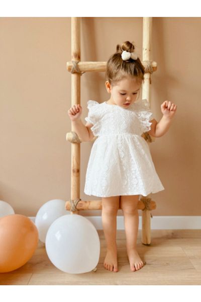 Magu Girl's Cotton Lined Ecru Lace Detailed Dress