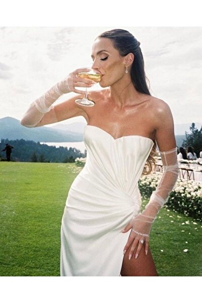 JetDukkan Beyaz Transparan Parmaksız Uzun Gelin Eldiveni