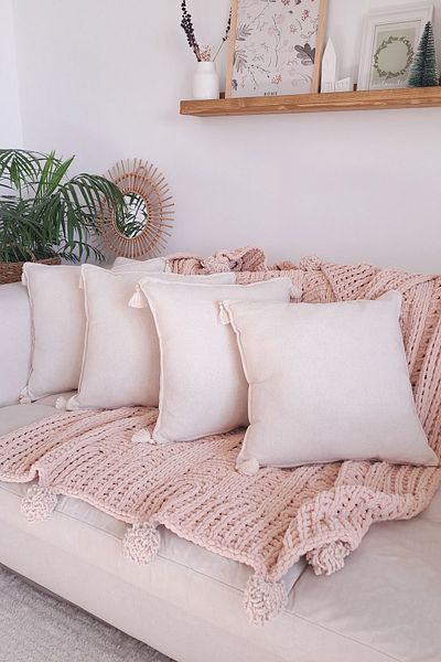 Realhomes Husă de pernă, 4 bucăți, dreptunghiulară, lucrată manual, din in natural, din bumbac organic autentic, cu ciucuri