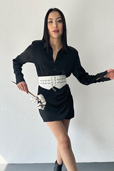 LİA KEMER Kadın Lastikli Korse Bağcıklı Gümüş Aksesuarlı Elastik Kemer Elbise...