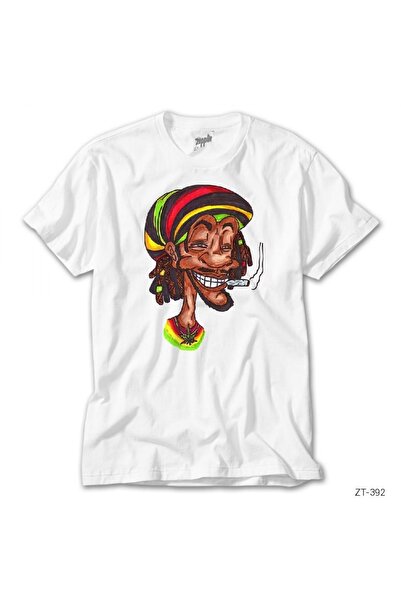 Z zepplin Bob Marley Smoke Cartoon Λευκό T-Shirt