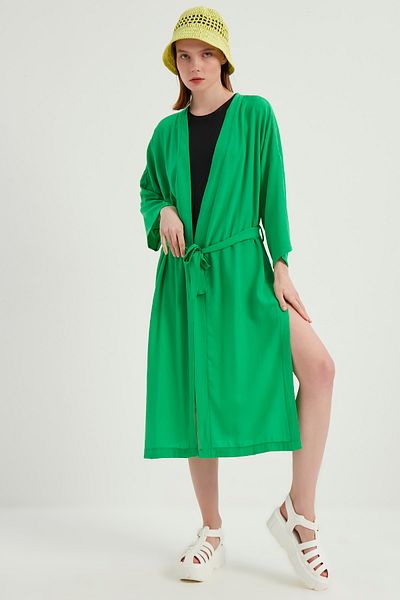 MEECY Dunkelgrüner Crinkle-Viskose-Kimono für Damen mit Gürtel