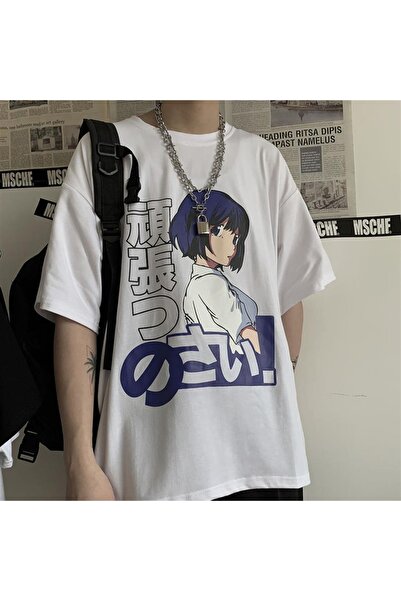 Gofeel Blue Haired Girl Patterned White Colored Unisex Oversize T-Shirt