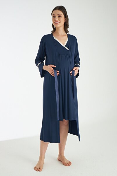 Miss Dünya Lissa Темно-синій мереживний детальний комплект для вагітних та післяпологових нічних сорочок