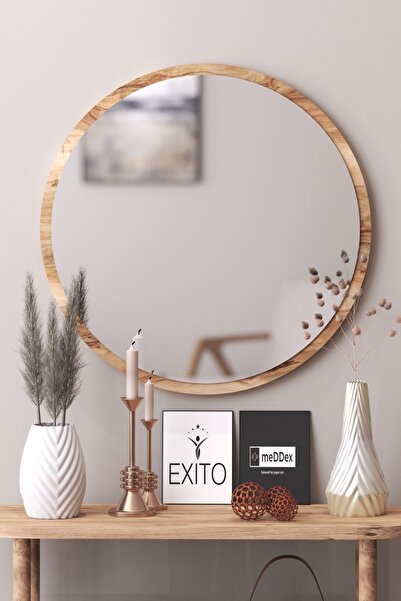 meDDex 58 Cm Yuvarlak Antre Hol Koridor Duvar Salon Mutfak Banyo Wc Ofis Aynası 58 Ceviz Ayna