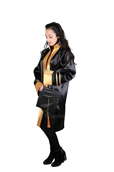 Mandalin Consept Mezuniyet Cübbesi Lise Siyah Gold Şeritli