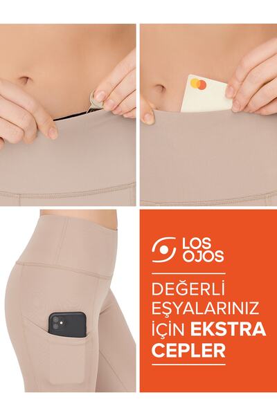 Los Ojos Colanți sport de compactare cu dublu buzunar, bej, cu talie înaltă