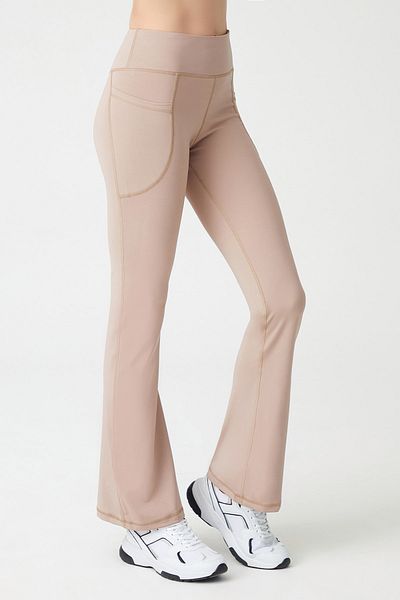 LOS OJOS Beigefarbene, glättende Bootcut-Strumpfhose mit hoher Taille und ausgestelltem Bein und doppelter Tasche