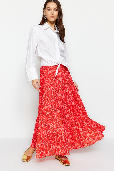 Trendyol Modest Piros virágmintás hajtogatott, rugalmas derék szőtt szoknya TCTSS23EE00018