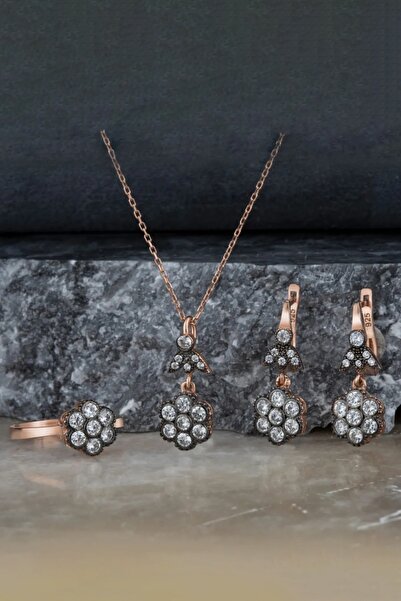 Else Silver Kadın Elmas Montürü Gümüş Çiçek Modeli Takı Seti