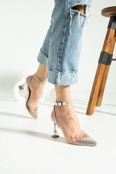 Ayax White Transparent Stone Women's Evening Dress Heeled Shoes