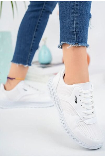 BOUIS Women's White Casual Mesh Anorak Laced Lightweight Sneaker Comfortable Running Shoes with Anti-Slip Soles