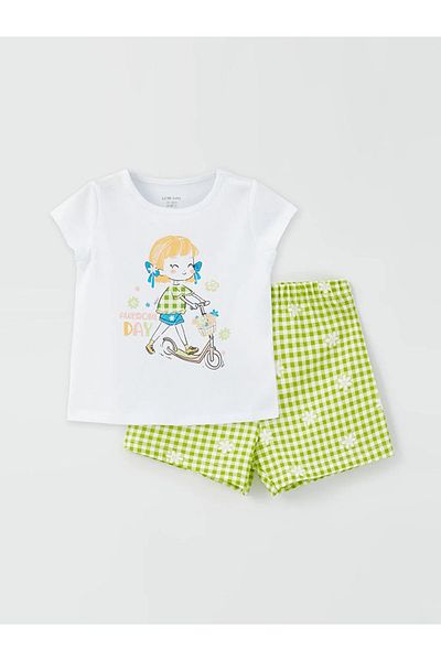 LC Waikiki Sada 2 dívčích triček a šortek Lcw Baby Crew s potiskem na krku