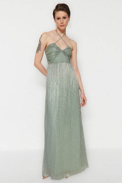 Trendyol Collection Βραδινό μακρύ φόρεμα από μέντα με λαμπερό χρώμα - A-Cut, με επένδυση TPRSS23AE00209