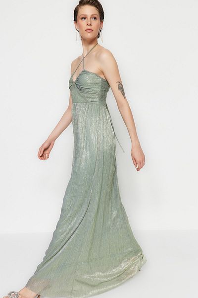 Trendyol Collection Βραδινό μακρύ φόρεμα από μέντα με λαμπερό χρώμα - A-Cut, με επένδυση TPRSS23AE00209