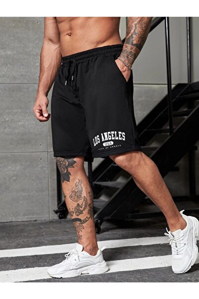 FAVORİST Unisex Black Los Angeles Printed Sports Shorts