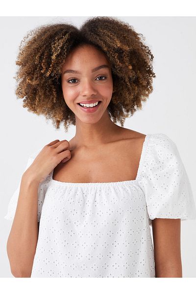 LC Waikiki Square Neck Self Patterned Short Sleeve Embroidery Women's Dress