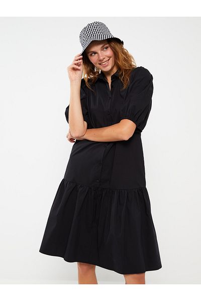 LC Waikiki Ύφασμα Poplin - Γυναικείο φόρεμα με γιακά πουκάμισο με κοντό μανίκι