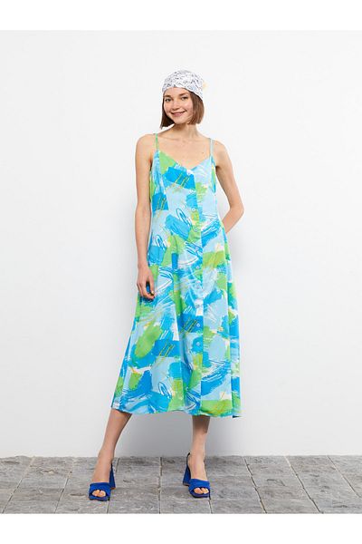 LC Waikiki Heart Collar Floral Strap Viscose Women's Dress