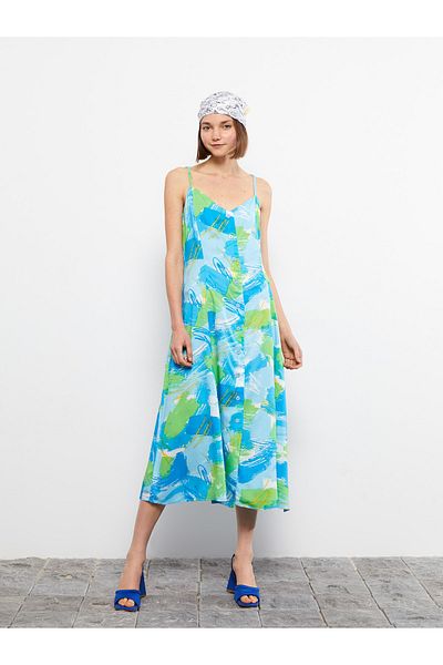 LC Waikiki Heart Collar Floral Strap Viscose Women's Dress