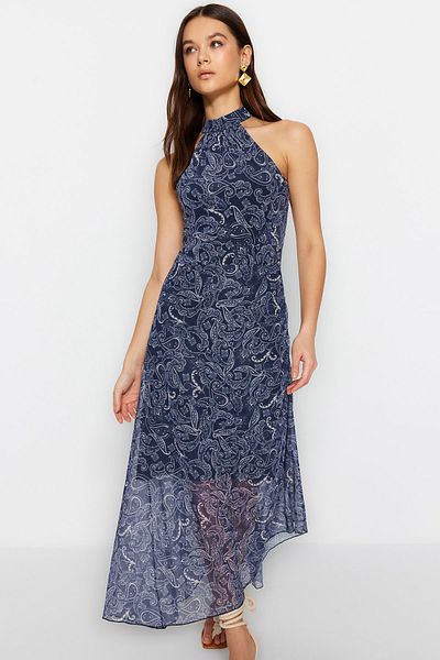 Trendyol Collection Сукня міді з принтом "Туль" темно-синього кольору TWOSS23EL02214