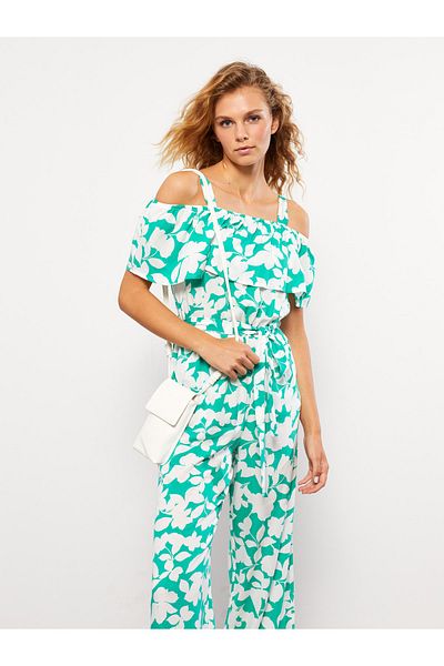 LC Waikiki Gemusterter Kurzarm-Jumpsuit aus Popeline mit U-Boot-Ausschnitt für Damen