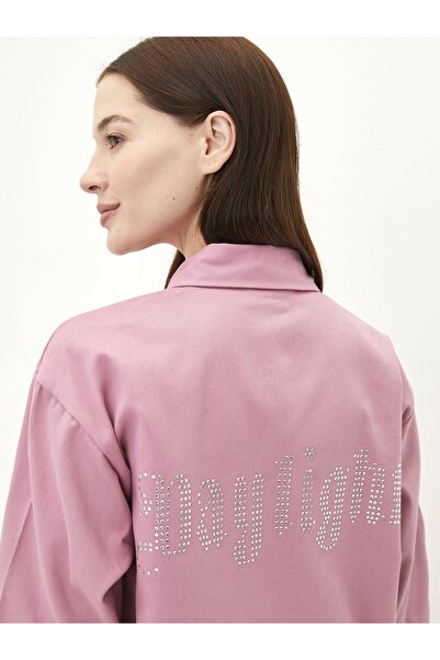 LC Waikiki Gömlek Yaka Taş Baskılı Uzun Kollu Oversize Gabardin Kadın Tunik