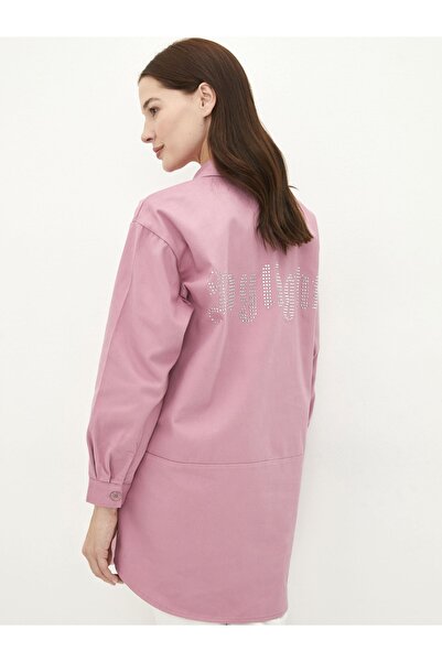 LC Waikiki Gömlek Yaka Taş Baskılı Uzun Kollu Oversize Gabardin Kadın Tunik