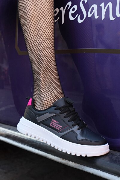 Jump 27429 Siyah - Fuşya Kadın Günlük Kışlık Rahat Kalın Taban Yürüyüş Sneaker Spor Ayakkabı