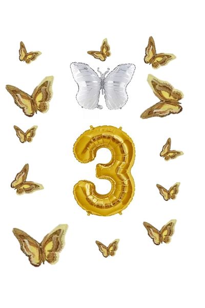 RÖNESANS PARTİ White Butterfly Foil Balloon Themed Birthday Party Set Gold Age 3