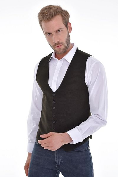 Çizgi Triko Men's Buttoned Sports / Classic Knitwear Knitted Sleeveless Black Vest