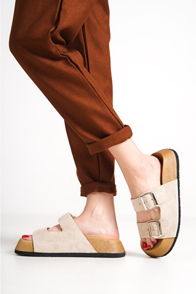 Saltopik Παντόφλες με διπλή πόρπη σε μπεζ χρώμα