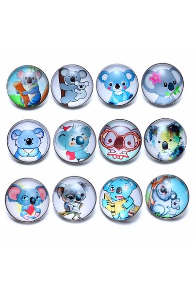 Bluokbeauty 12 Pieces 18 Mm Vintage Glass Snap Koala Illustrated Hobby Jewel Jewelry Accessory Stylish Design Button