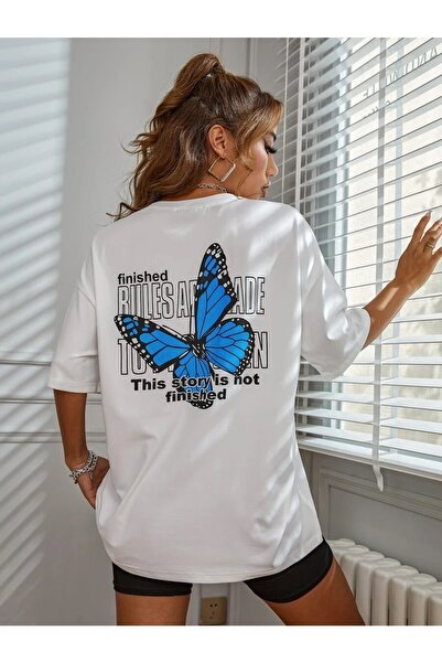 MOONBULL Γυναικείο μπλουζάκι Oversize Λευκό Μπλε Πεταλούδα με στάμπα