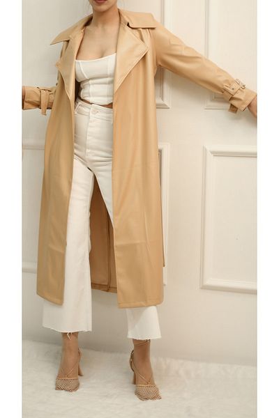 ossons Belted Faux Leather Trench Coat