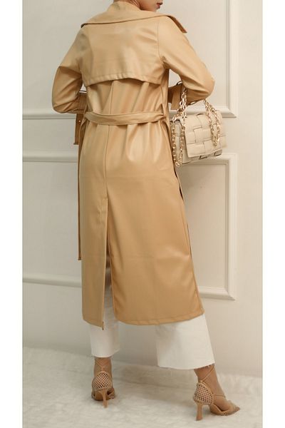 ossons Belted Faux Leather Trench Coat
