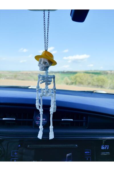 Rex Aksesuar Fötr Şapkalı Iskelet Ayna Süsü (beyaz-sarı) Araba Süsü - Dikiz A...